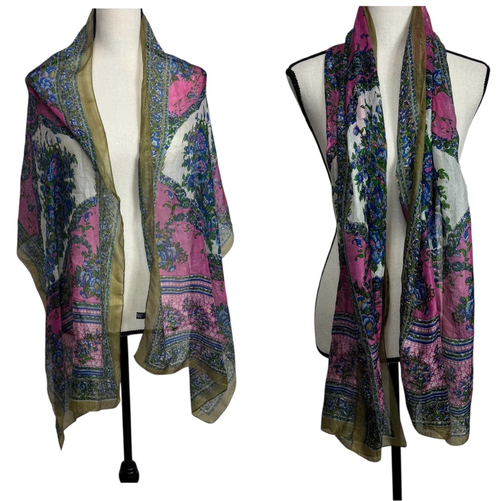 Silk Floral Pink And Green Printed Scarf